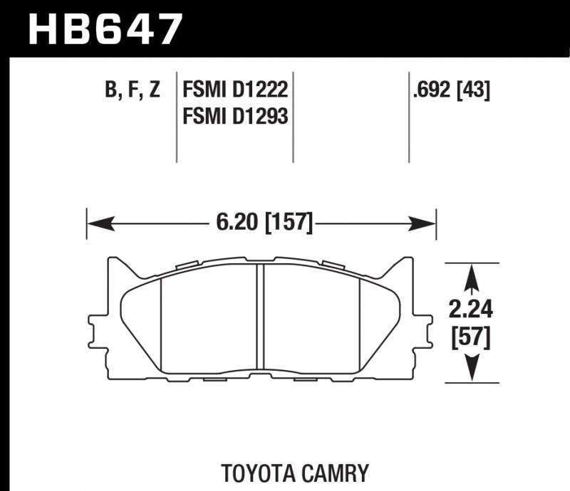 Колодки тормозные HB647Z.692 HAWK PC передние TOYOTA CAMRY 2007-2018