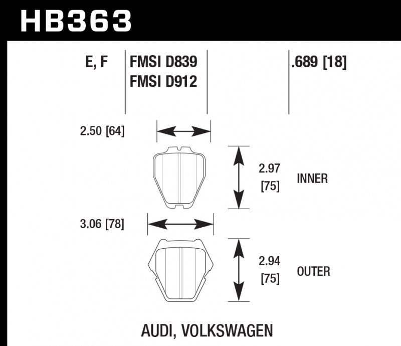 Колодки тормозные HB363F.689 HAWK HPS Audi A6 Quattro, A8, A8 Quattro, S4 & S6 - 8 Pad Set - Front