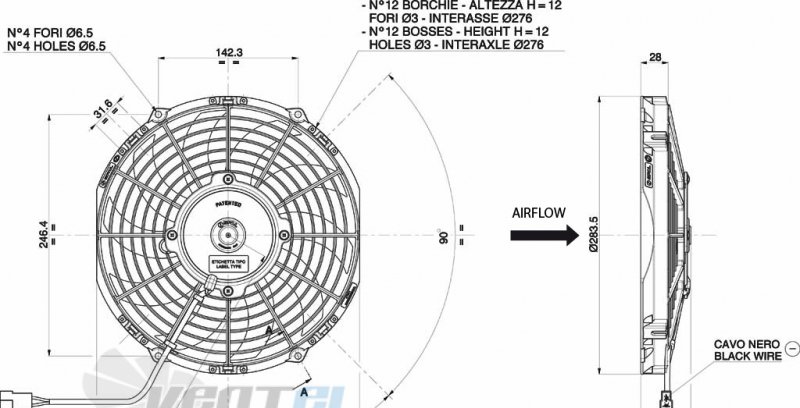 Вентилятор охлаждения универсальный 10" (255 мм) 12V 1360 m³/h (ТЯНУЩИЙ)
