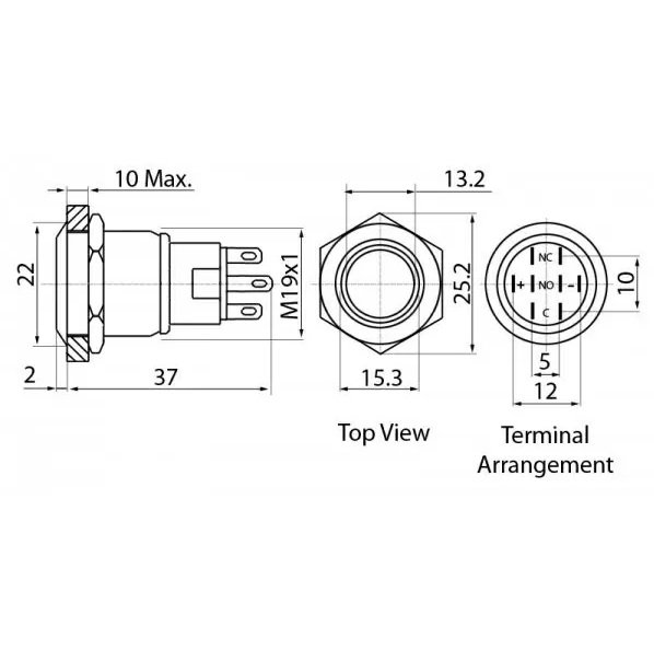 Кнопка с фиксацией водонепроницаемая 12В 3А - синяя подсветка