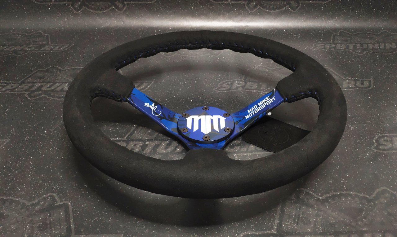 Руль 350 мм, большой вылет, замша, черная нить, "MM" Mad Mike Formula Drift, синий