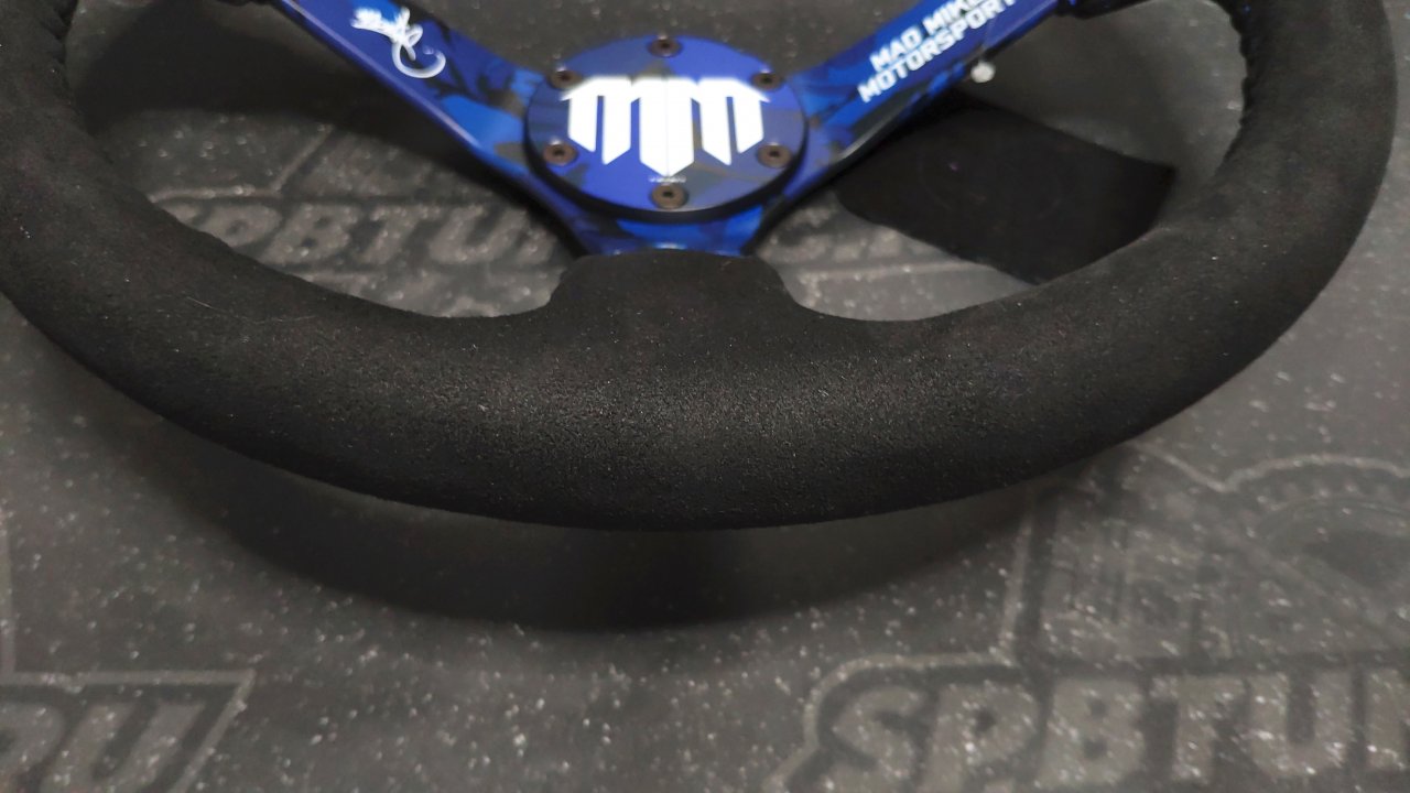 Руль 350 мм, большой вылет, замша, черная нить, "MM" Mad Mike Formula Drift, синий