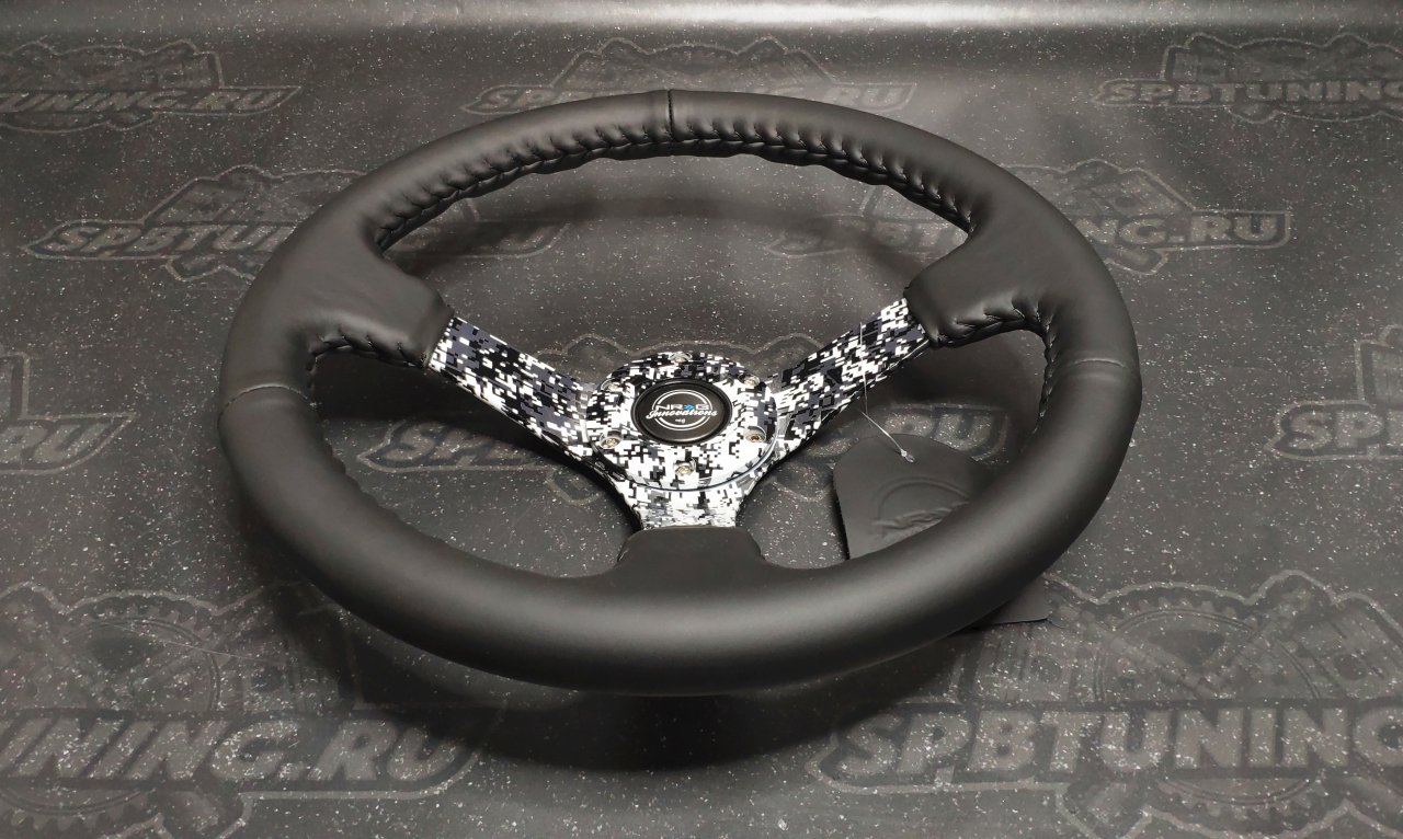 Руль 350 мм, большой вылет, кожа, черная нить, камуфляж