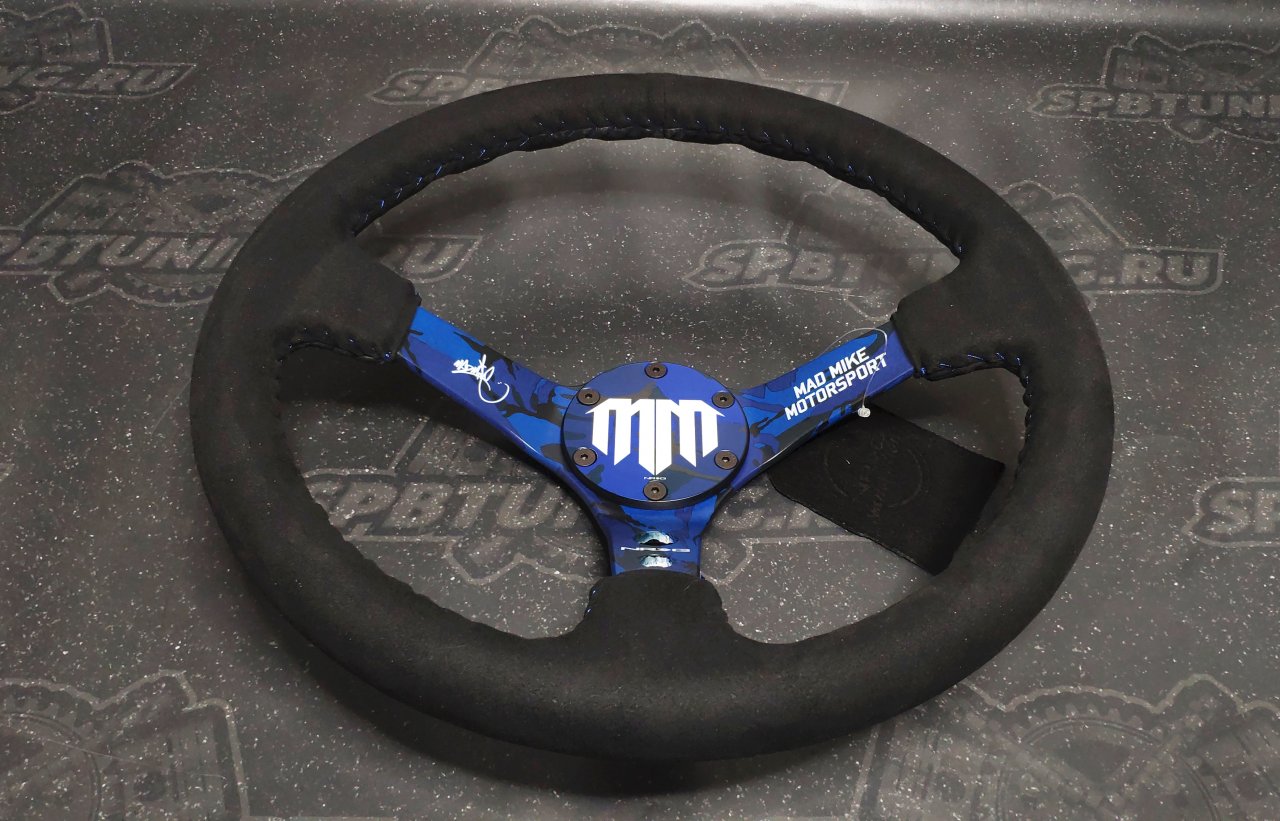 Руль 350 мм, большой вылет, замша, черная нить, "MM" Mad Mike Formula Drift, синий