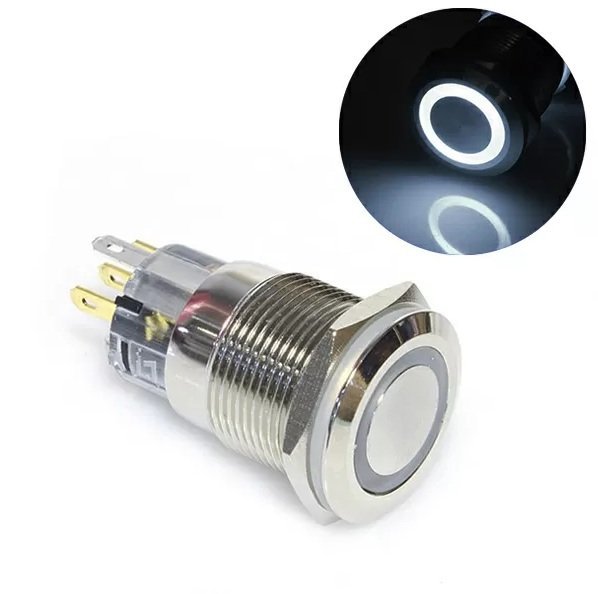 Кнопка без фиксации водонепроницаемая 12В 3А - белая подсветка