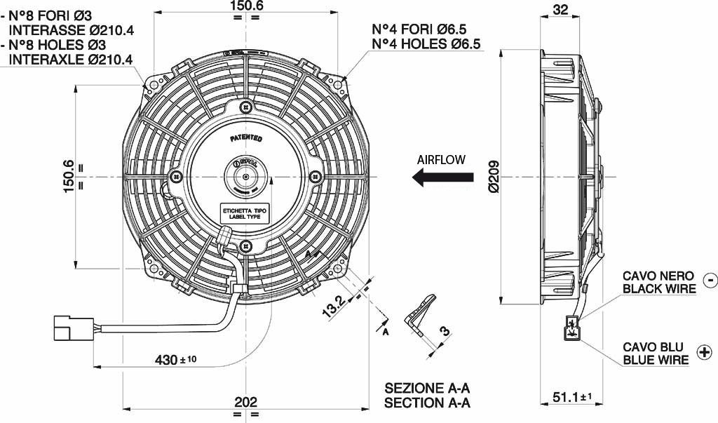 Вентилятор охлаждения SPAL универсальный 7" (190 мм) 12V 590 м³/ч (ТОЛКАЮЩИЙ)