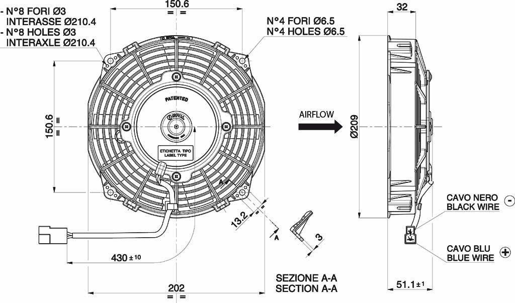 Вентилятор охлаждения SPAL универсальный 7" (190 мм) 12V 620 м³/ч (ВТЯГИВАЮЩИЙ)