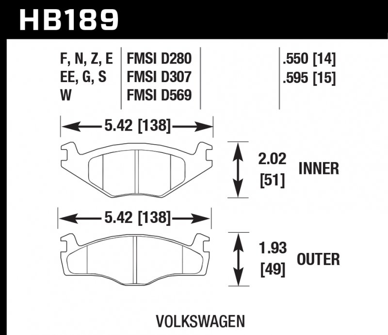 Колодки тормозные HB189S.550 HAWK HT-10 Volkswagon 14 mm