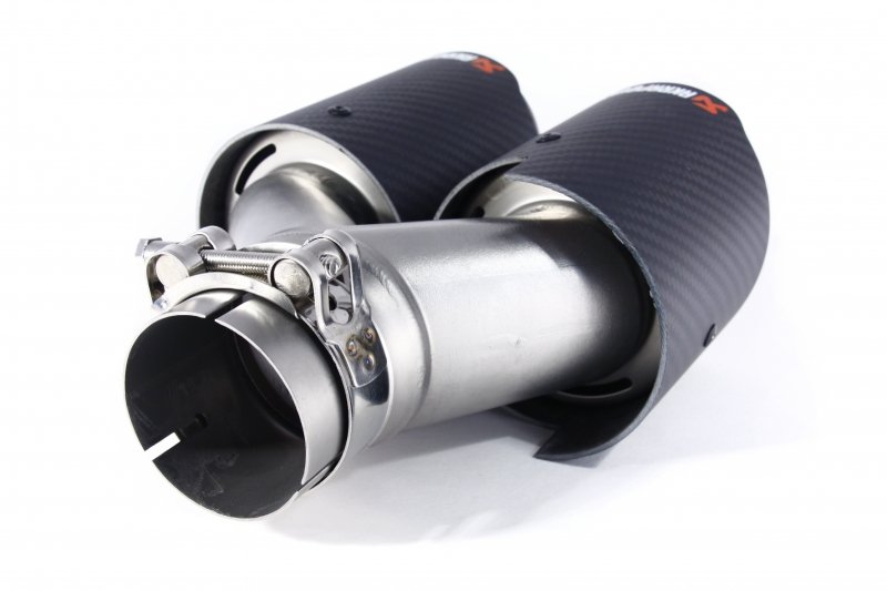 Насадка на глушитель, двойная, AKRAPOVIC EVO карбон, D посадочный 57 мм / наруж 90 мм, ЛЕВАЯ