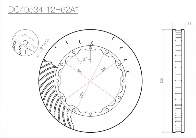 Ротор тормозного диска 405*34mm, DC Brakes DC40534-12H62AL, H крепеж, лев. (Brembo, JBT)