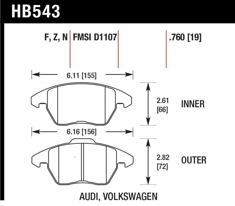 Колодки тормозные HB543R.760 HAWK Street Race передние AUDI A3 / VW Golf 5,6 , Passat CC, B6, B7