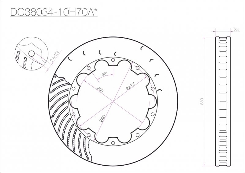 Ротор тормозн. диска 380*34mm, DC Brakes DC38034-10H70AR, H крепеж,Nissan GT-R 2007-2011 перед, прав