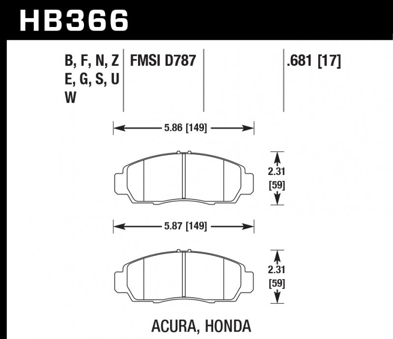 Колодки тормозные HB366E.681 HAWK Blue 9012 Acura/Honda 17 mm
