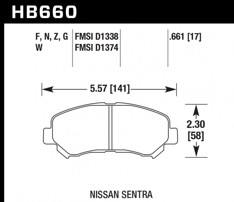 Колодки тормозные HB660G.661 HAWK DTC-60 Nissan Sentra 17 mm