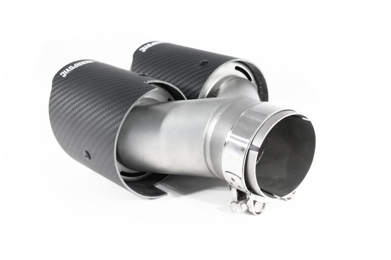 Насадка на глушитель, двойная, AKRAPOVIC EVO Style карбон, D посадочный 63 мм / наруж 90 мм, ПРАВ.