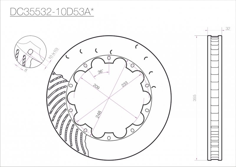 Ротор тормозного диска 355*32mm, DC Brakes DC35532-10D53AL, D крепеж, лев. (Brembo, JBT)