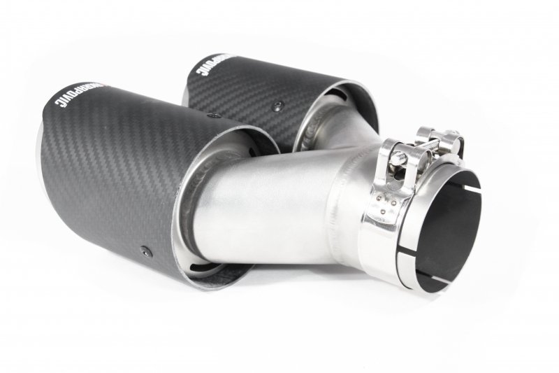Насадка на глушитель, двойная, AKRAPOVIC EVO Style карбон, D посадочный 63 мм / наруж 90 мм, ЛЕВАЯ,
