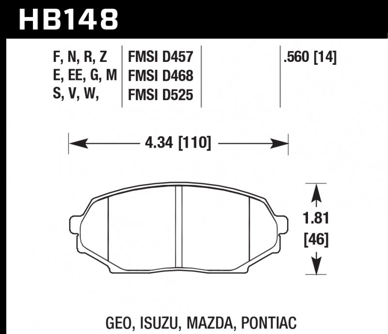 Колодки тормозные HB148G.560 HAWK DTC-60 Mazda Miata MX-5 1.6L 14 mm