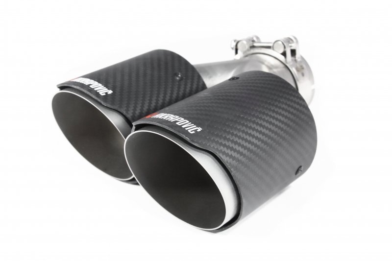 Насадка на глушитель, двойная, AKRAPOVIC EVO Style карбон, D посадочный 63 мм / наруж 90 мм, ЛЕВАЯ,