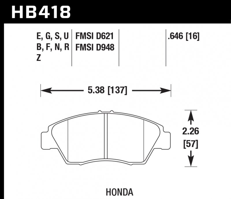 Колодки тормозные HB418S.646 HAWK HT-10 Acura RSX/Honda 17 mm