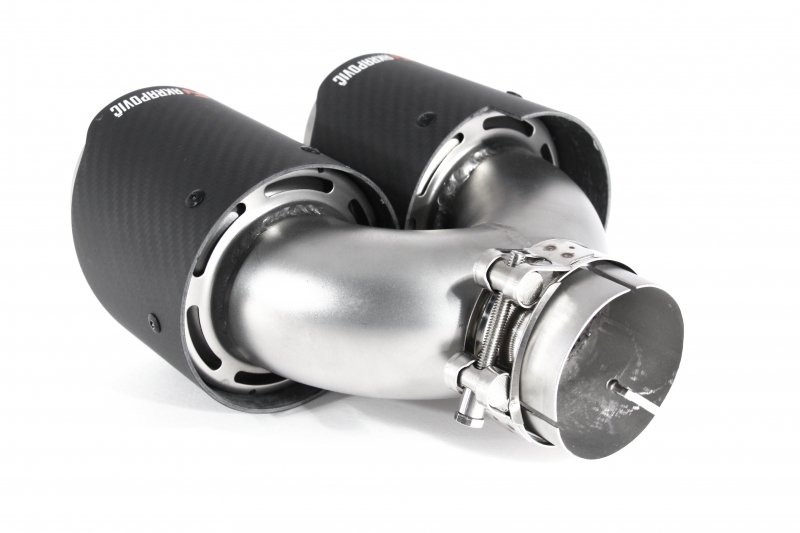 Насадка на глушитель, двойная, AKRAPOVIC EVO style карбон, D посадочный 63 мм / наруж 101 мм, ЛЕВАЯ,