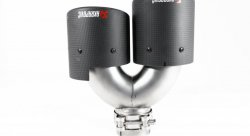 Насадка на глушитель, двойная, AKRAPOVIC карбон, D посадочный 57 мм / наруж 101 мм, ПРАВ.