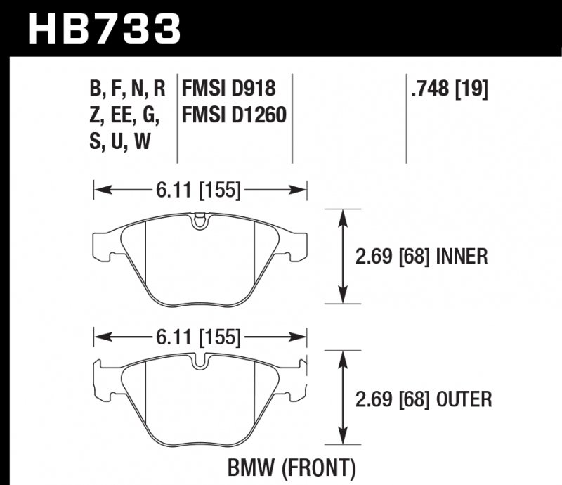 Колодки тормозные HB733W.748 HAWK DTC-30; BMW (Front) 19mm