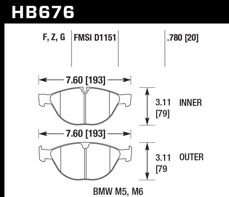 Колодки тормозные HB676F.671 HAWK HPS BMW M5, M6 (E60, E61, E63, E64)