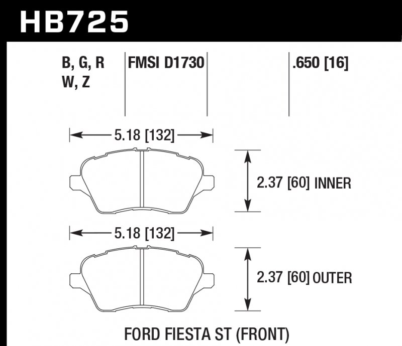 Колодки тормозные HB725G.650 HAWK DTC-60; 2014 Ford Fiesta ST 17mm