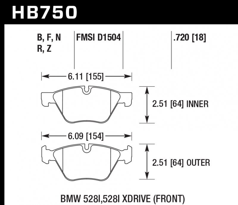 Колодки тормозные HB750F.720 HAWK HPS BMW 5 F10; 5 F11; 5 F18; 18mm