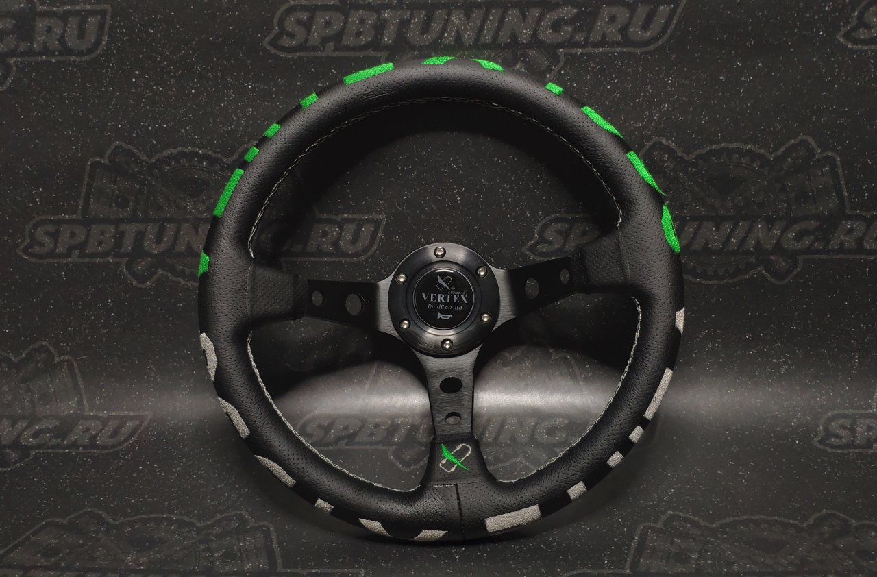 Руль спортивный Vertex 1996 с выносом экокожа с перфорацией (зеленый)