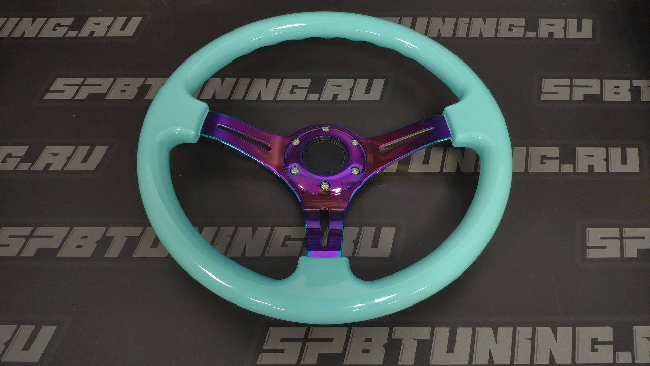 Руль под дерево бирюзовый c цветным центром